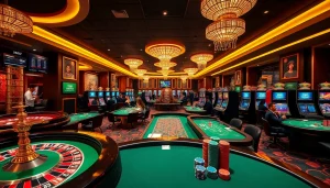 Players enjoy the casino gaming experience at Tk88 MVP with vibrant slot machines and poker tables.