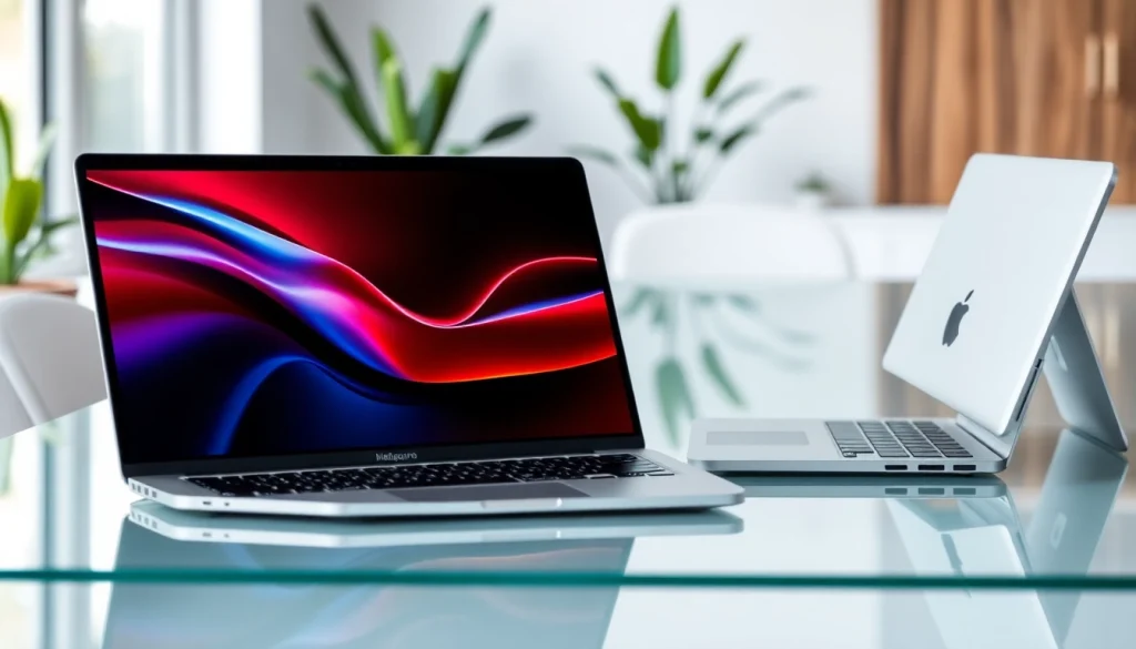 Laptops Apple en un espacio de trabajo moderno con diseño minimalista y luz natural.