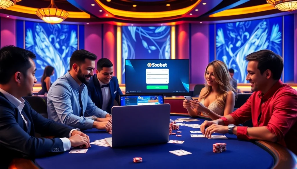 Excited players strategizing a sbobet login at a luxurious casino betting table.
