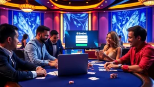 Excited players strategizing a sbobet login at a luxurious casino betting table.