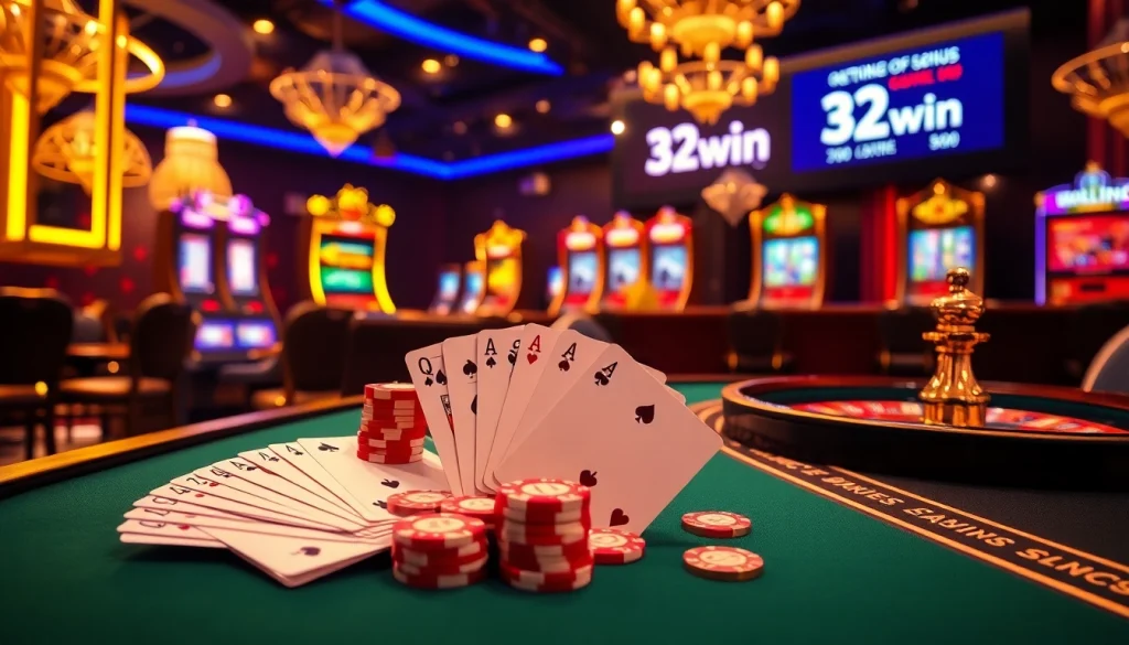 Experience exciting gaming at 32win with vibrant poker chips and a spinning roulette wheel.
