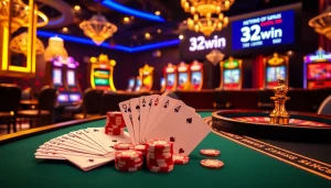 Experience exciting gaming at 32win with vibrant poker chips and a spinning roulette wheel.