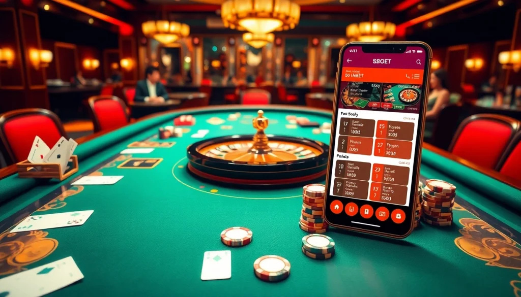 SBOBet's thrilling mobile betting scene with poker chips and a vibrant casino table.