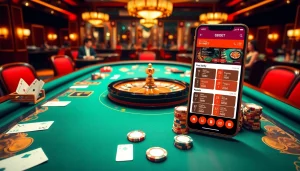 SBOBet's thrilling mobile betting scene with poker chips and a vibrant casino table.