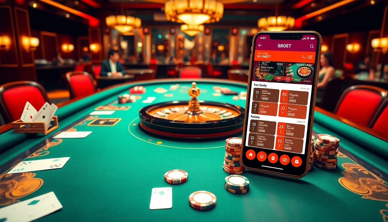 SBOBet's thrilling mobile betting scene with poker chips and a vibrant casino table.