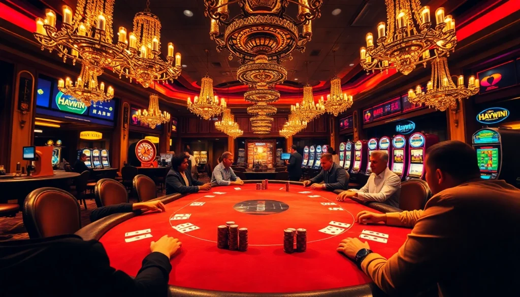 Experience exhilarating gameplay at Haywin’s vibrant poker table filled with chips and cards.