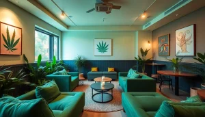 Experience the vibrant atmosphere at The Corner Cannabis Club Madrid with lush greenery and cozy seating.