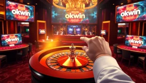 Action-packed gambling scene showcasing okwin with poker chips and roulette wheel excitement.