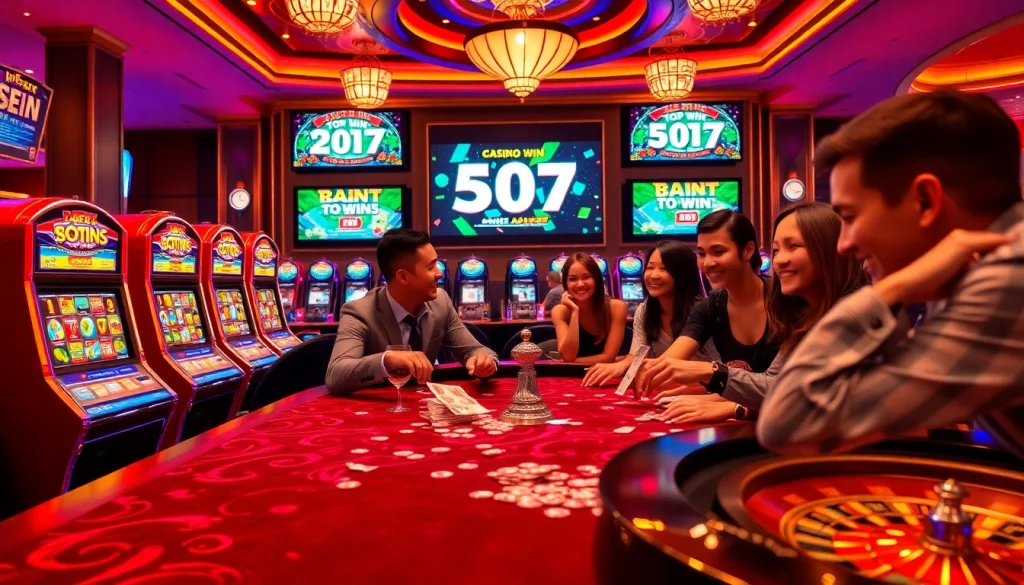 Engaging scene of players winning at IDN Slot 777 gaming tables in a luxurious casino.
