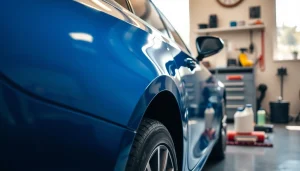 Car detailing near me showcasing a professionally polished vehicle in a bright workshop atmosphere.