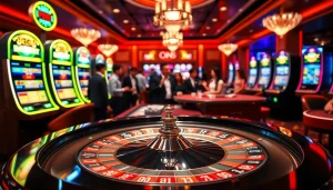 Experience the excitement of gaming with a vibrant casino scene at trang chủ nova88, featuring roulette, slots, and eager players.