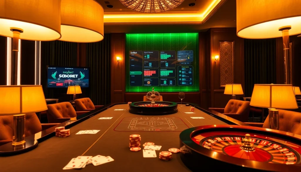 Experience sbobet link alternatif through an exciting casino setup with vibrant poker chips and a roulette wheel.