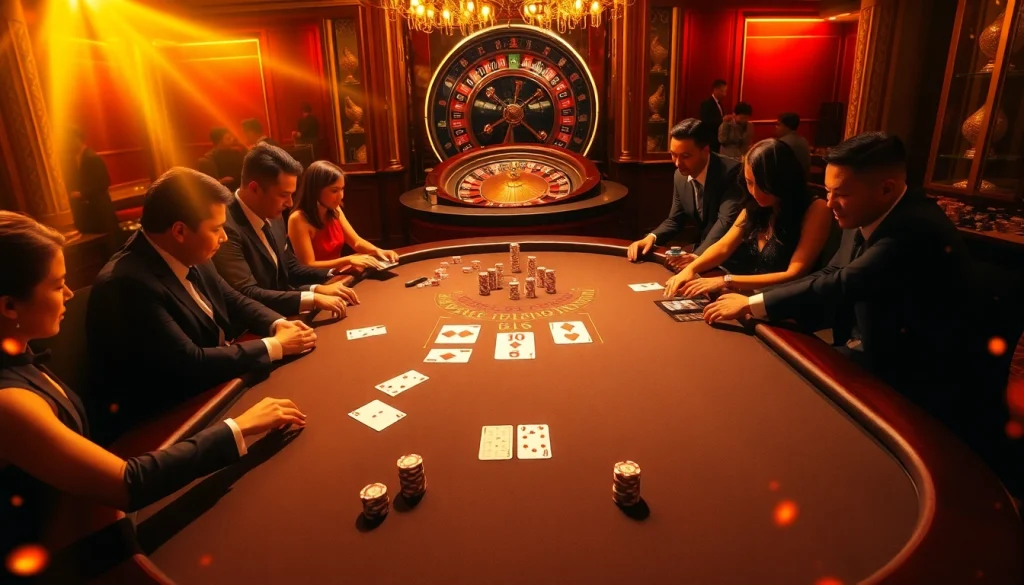 NK88 casino scene showcasing a vibrant poker game and roulette wheel with engaged players.