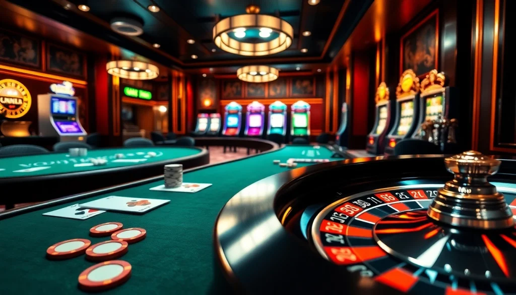 Tool xổ số siêu tốc showcases an exciting casino scene with roulette wheels and vibrant poker chips.