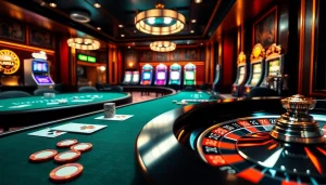 Tool xổ số siêu tốc showcases an exciting casino scene with roulette wheels and vibrant poker chips.