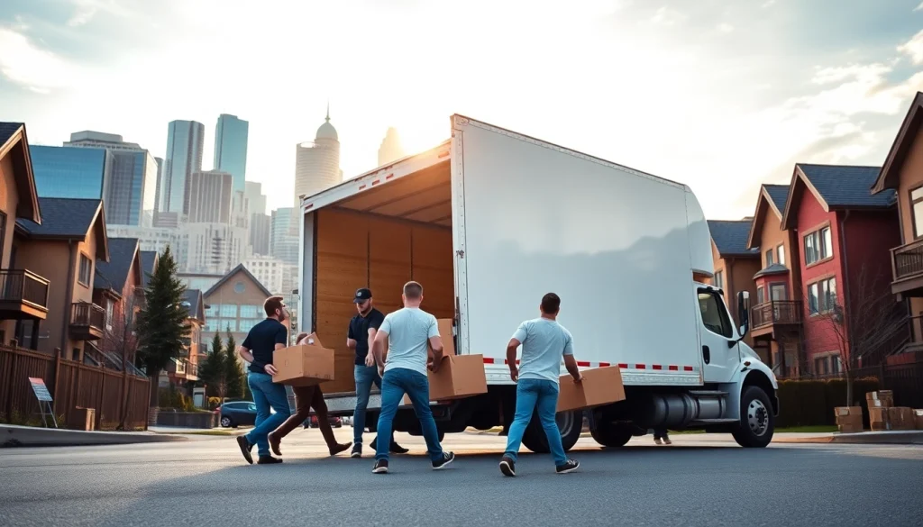 Efficient moving companies calgary team busy loading a truck in an urban setting.