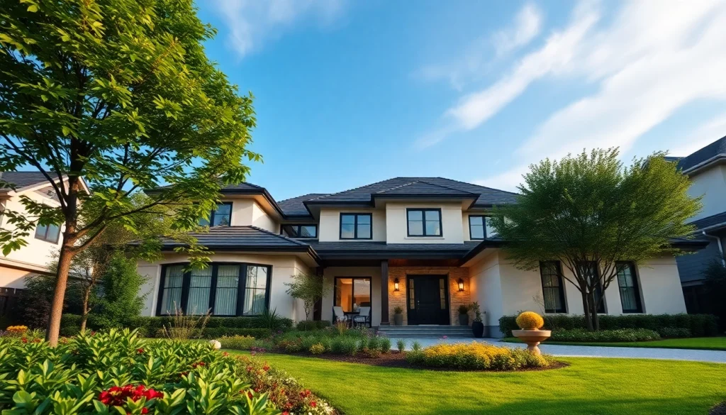 View of a modern home showcasing www.tbplhomes.com, with lush landscaping and serene skies.