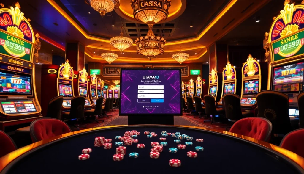 Tampilan layar login UTAMA4D yang menarik di antara mesin slot kasino berwarna-warni untuk pengalaman bermain yang mendebarkan.