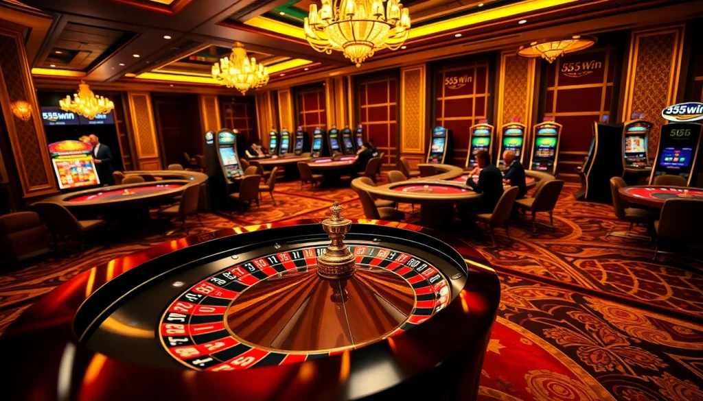 Winning moves at 555win casino featuring a roulette wheel and poker tables for exciting gameplay.