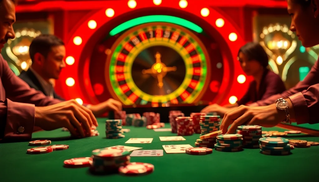 Engaging poker game action at 7upbet casino, featuring vibrant chips and strategic gameplay.