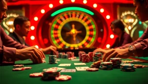 Engaging poker game action at 7upbet casino, featuring vibrant chips and strategic gameplay.