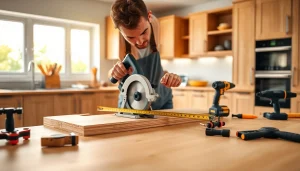 Achieve perfect kitchen worktops fitting by a professional carpenter showcasing tools and techniques.