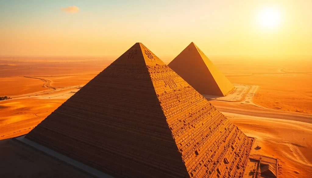 Explore the glorious pyraminds of Giza, showcasing stunning architectural features and desert backdrop.