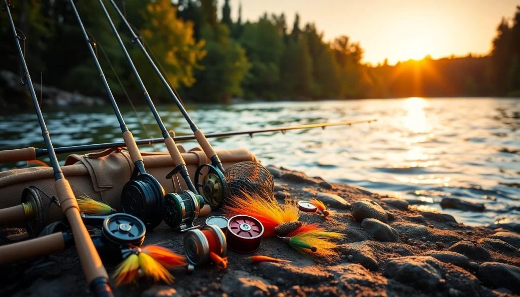 Showcasing a fly fishing kit arranged by a calm river, perfect for enthusiasts.
