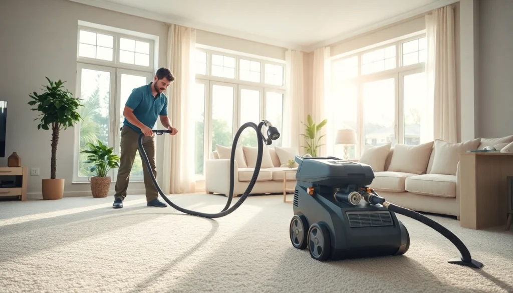 Carpet cleaning near me services being performed by a technician in a bright living room.