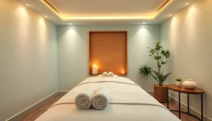 차분한 분위기의 출장마사지 치료실로, 마사지 테이블과 오일, 양초가 준비되어 있습니다.