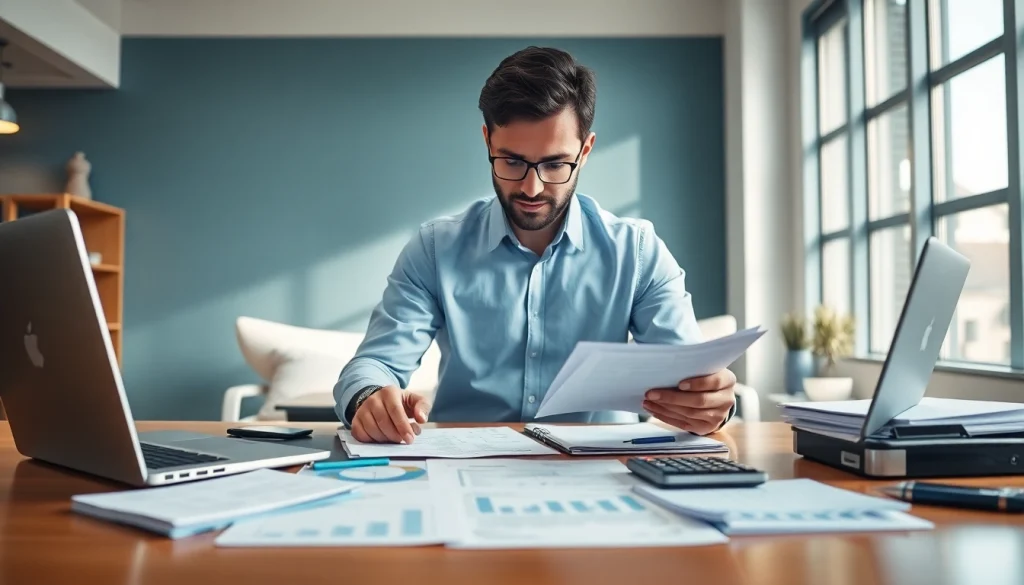 Accountant analyzing financial documents at a modern desk, embodying professionalism and dedication.