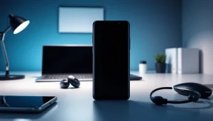 Samsung Galaxy S8 smartphone showcased in a modern workspace, emphasizing its sleek design and features.