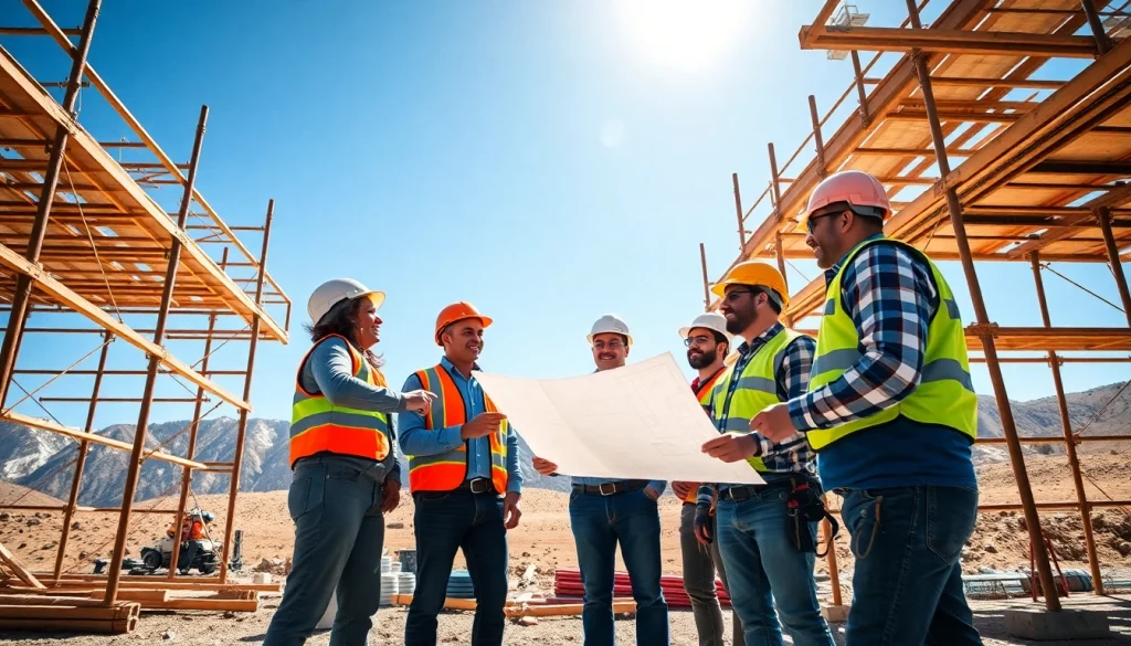 Construction association Wyoming professionals collaborating on-site with blueprints.