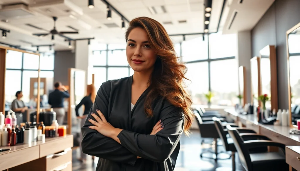 Salon de coafura with professional hairstylist styling a client’s hair under bright lights.