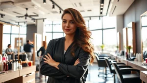 Salon de coafura with professional hairstylist styling a client’s hair under bright lights.