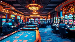 BJ38 online gaming scene with vibrant tables and excited players in a lively casino atmosphere.