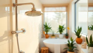 Experience a refreshing sunny shower with vibrant fixtures and natural elements in a bright bathroom setting.