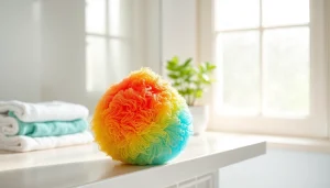 Experience the freshness of the best silicone loofah with vibrant colors and unique textures on a bathroom shelf.