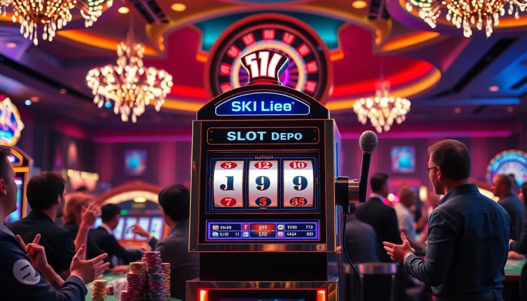Engaging scene of players enjoying slot depo 5k at a vibrant casino, capturing excitement and luxury.