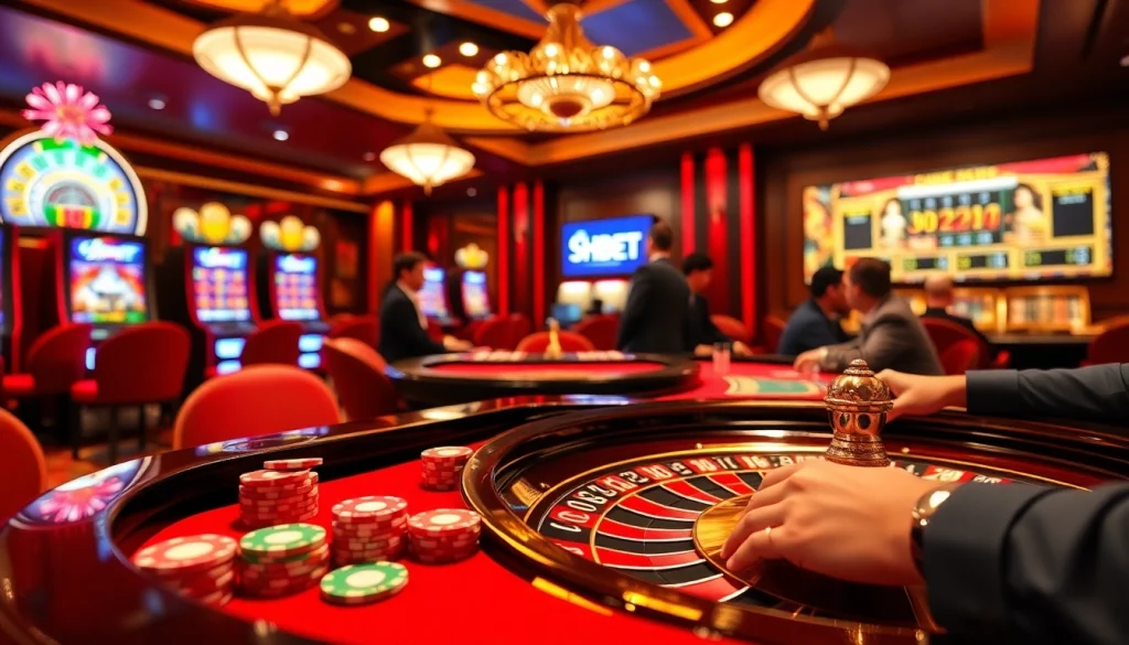 SHBET casino table with poker chips and roulette wheel, showcasing luxury and excitement