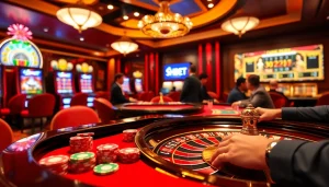 SHBET casino table with poker chips and roulette wheel, showcasing luxury and excitement