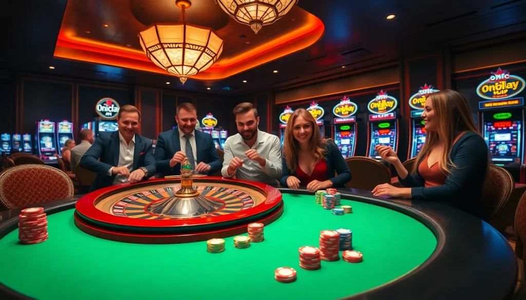 Engaged players enjoying thrilling games at Onicplay's luxurious casino, with roulette and poker.