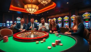 Engaged players enjoying thrilling games at Onicplay's luxurious casino, with roulette and poker.