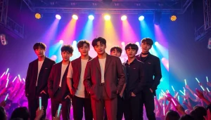 BTS members performing together on stage, showcasing vibrant energy and unity in their concert setting.