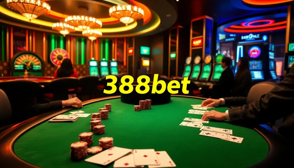 Experience the excitement of 388bet with a luxurious casino scene featuring a professional poker table and vibrant slot machines.