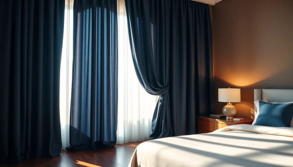 Verduisterende gordijnen in een elegante slaapkamer, met een rijk navyblauw ontwerp en warme zonlichtstralen.