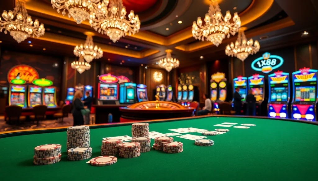 Experience the thrill of the xx88 win at a luxurious casino with vibrant chips and cards.