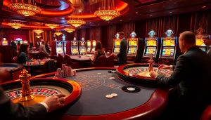 Gambling excitement as players celebrate wins at the rebahin casino tables filled with vibrant poker chips.
