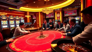 Engaged players at an S8 gaming table in a luxury casino atmosphere.