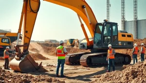 Rent excavators for efficient site work with busy construction team and machinery in action.